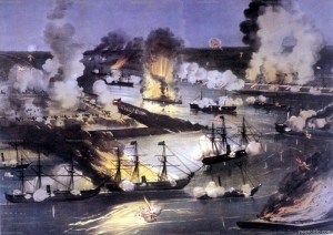 Batalla naval en el río Mississippi. 1862. Grabado.